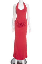Red Halter Fitted Ruched Long Dress