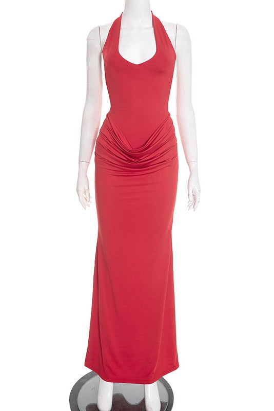 Red Halter Fitted Ruched Long Dress