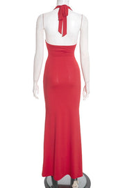 Red Halter Fitted Ruched Long Dress