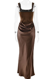 Brown Square Fitted Draped Long Dress