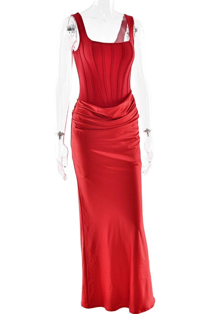 Red Square Neck Draped Fitted Dress