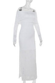 Long Sleeves White Lace Crepe Mermaid Dress