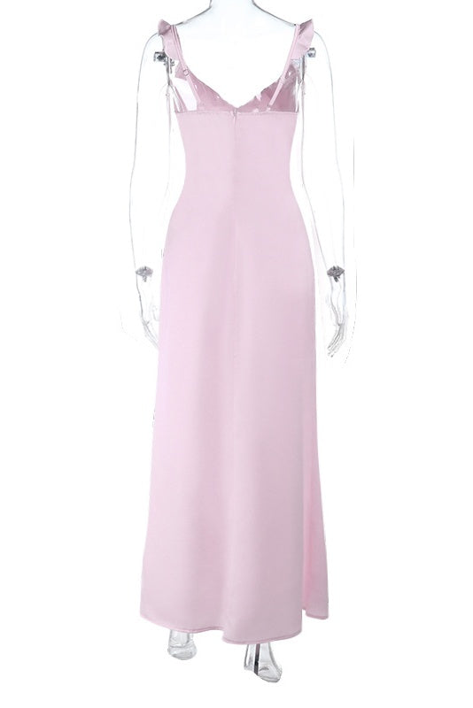Ruffle Straps Pink Maxi Long Dress