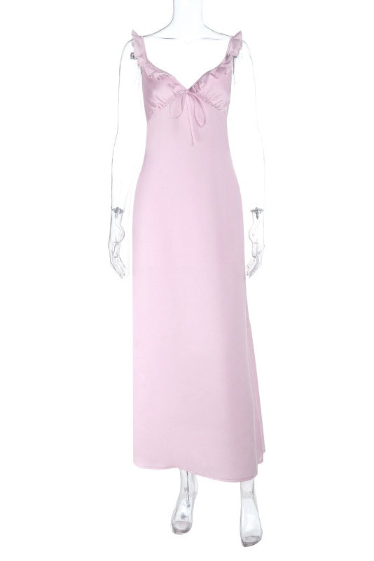 Ruffle Straps Pink Maxi Long Dress