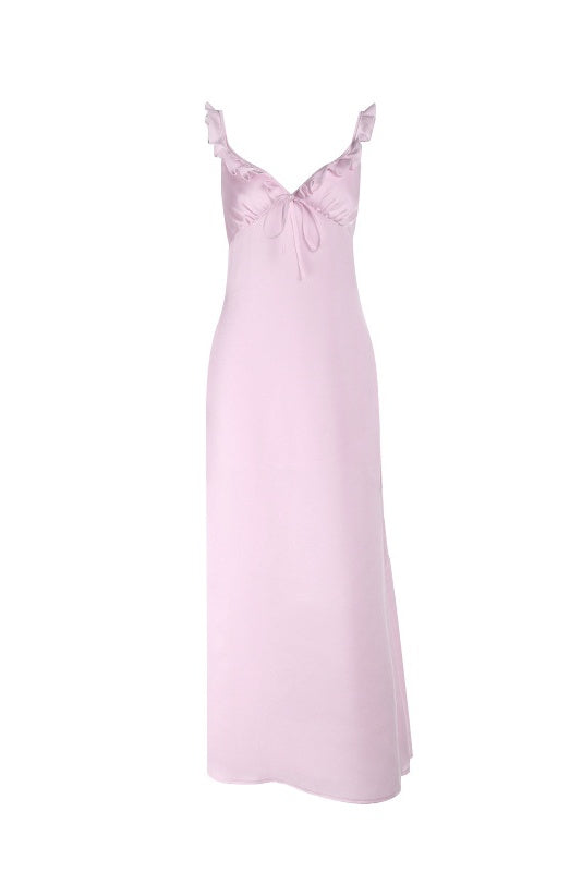 Ruffle Straps Pink Maxi Long Dress