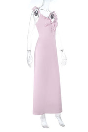 Ruffle Straps Pink Maxi Long Dress