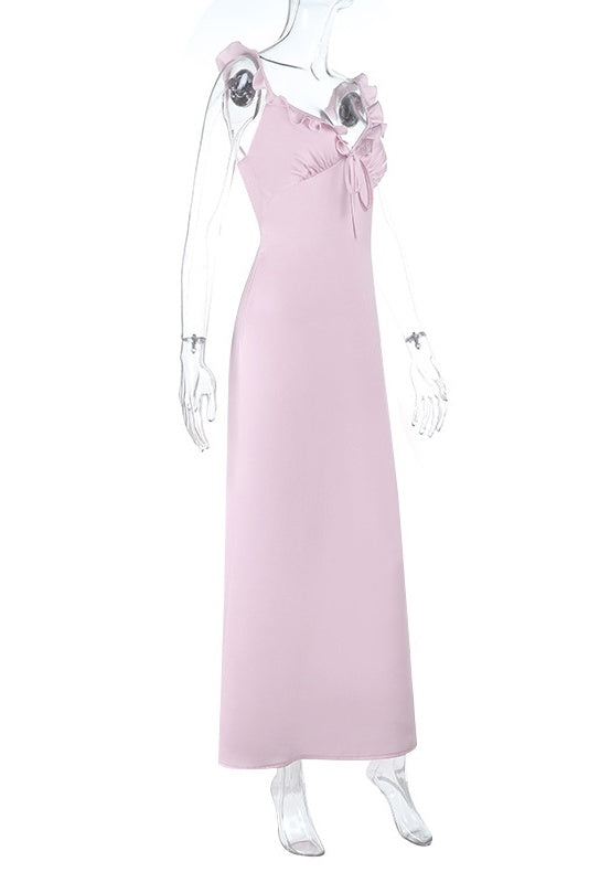 Ruffle Straps Pink Maxi Long Dress
