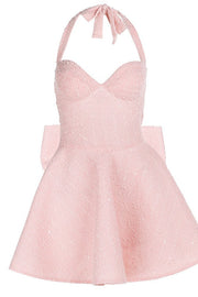 Halter Pink A-line Short Dress with Bow