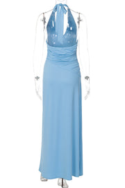 Blue Halter Tie Slit Long Dress