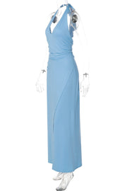 Blue Halter Tie Slit Long Dress