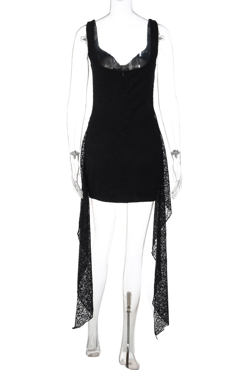 Black Long-sleeve Lace Print Mini Dress