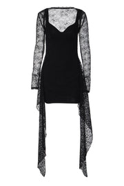 Black Long-sleeve Lace Print Mini Dress