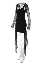 Black Long-sleeve Lace Print Mini Dress