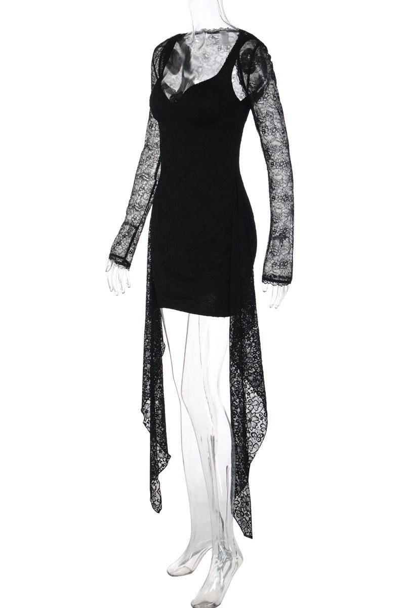 Black Long-sleeve Lace Print Mini Dress