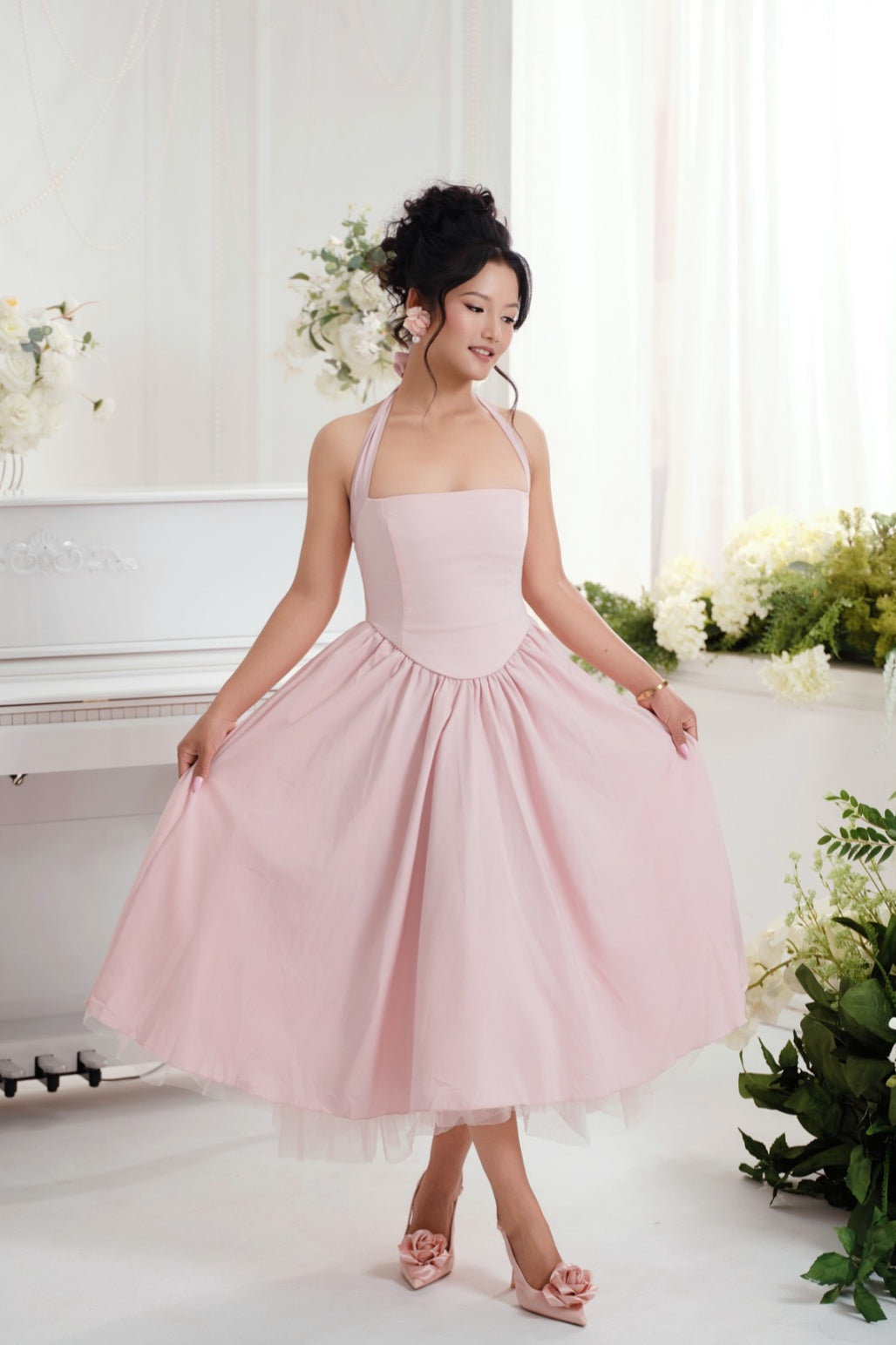 Pink Halter Tie Long A-line Dress