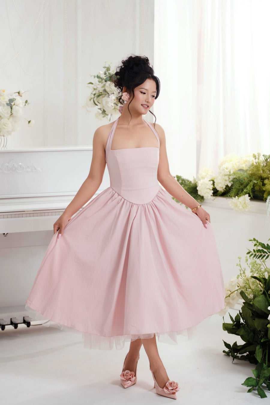 Pink Halter Tie Long A-line Dress