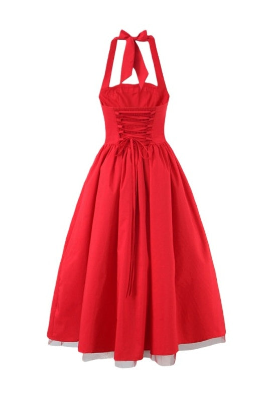 Pink Halter Tie Long A-line Dress