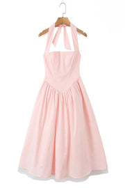 Pink Halter Tie Long A-line Dress