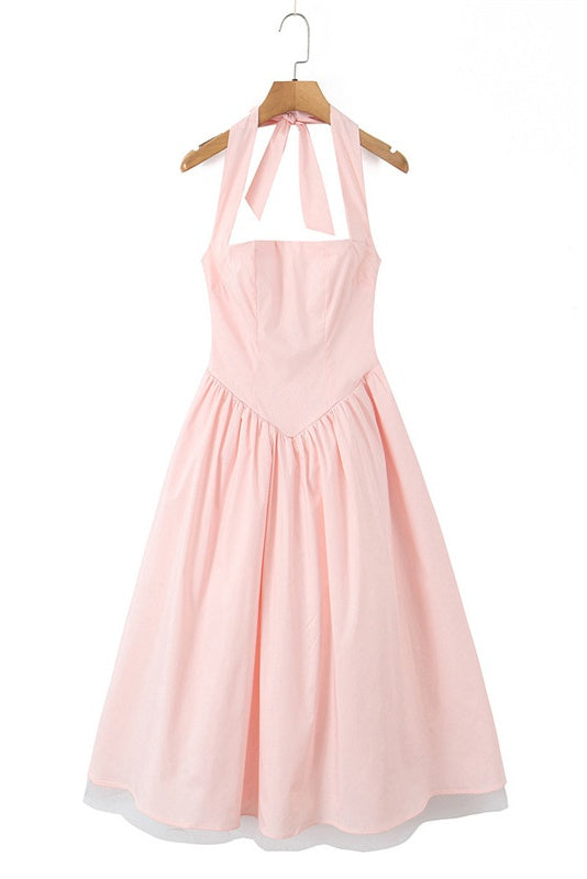 Pink Halter Tie Long A-line Dress