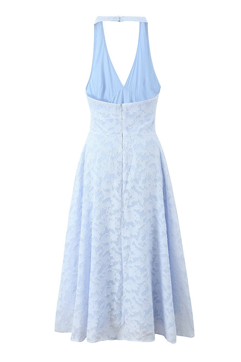 Blue Jacquard Halter V-Neck A-Line Long Dress