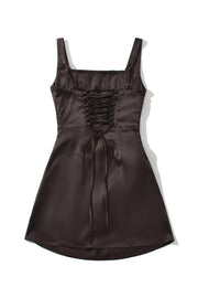 Brown Satin Square Neck A-Line Mini Dress