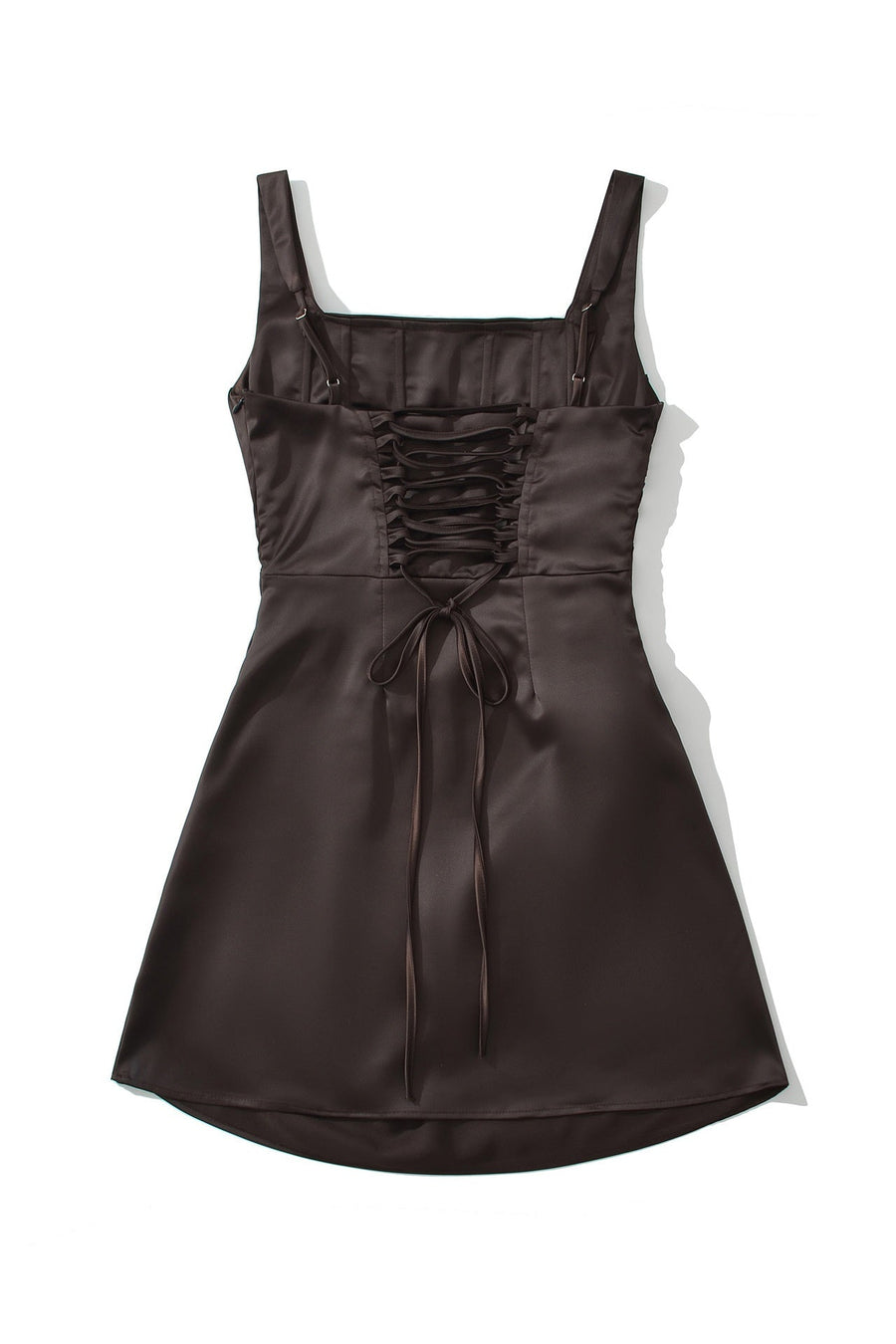 Brown Satin Square Neck A-Line Mini Dress