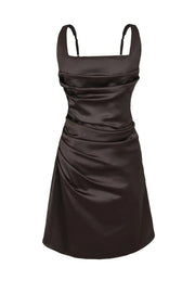 Brown Satin Square Neck A-Line Mini Dress