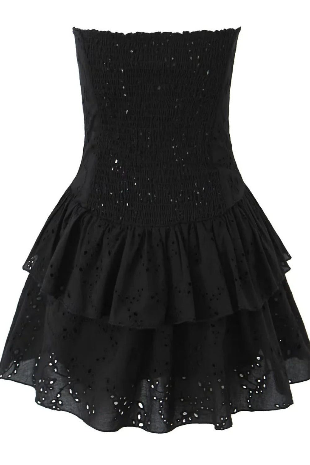 Black Strapless Lace Ruffle Short Dress