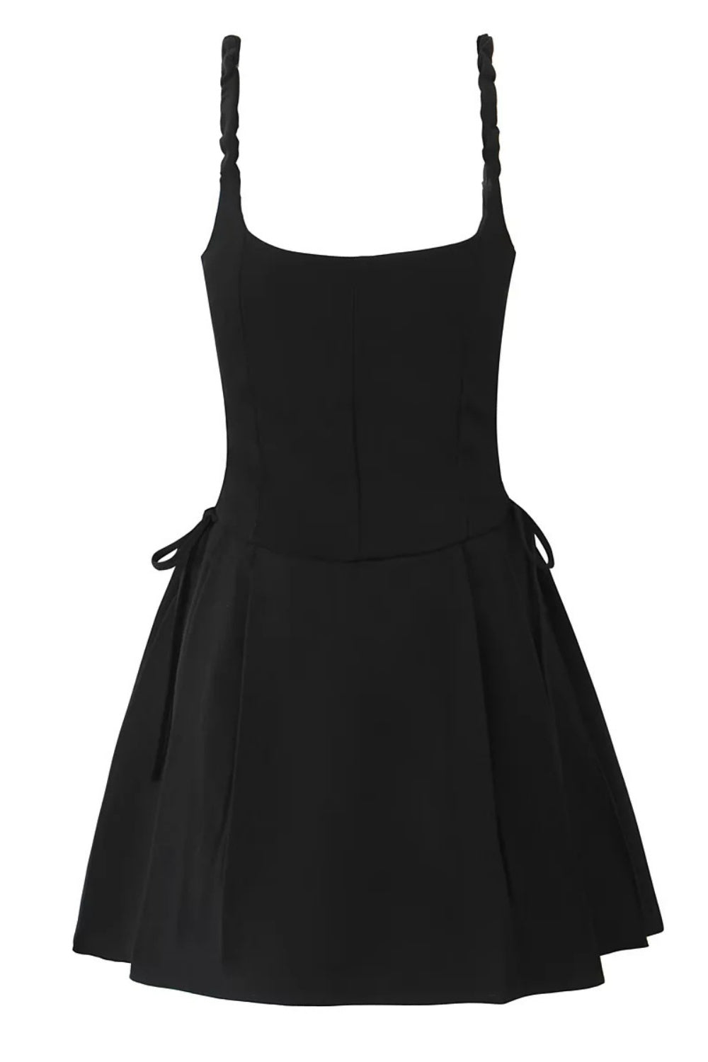 Black Square Lace Neck  Bow Short Dress