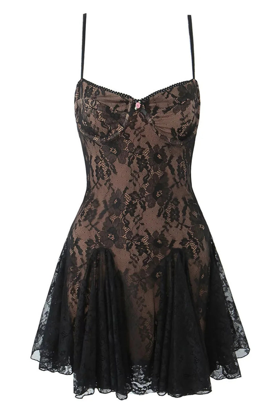 Spaghetti Strap Black Bow Lace Applique Skirt