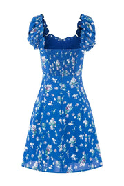 Blue Floral Puff Sleeves Bow Long Dress