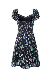 Blue Floral Puff Sleeves Bow Long Dress