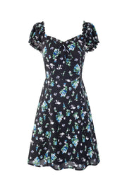 Blue Floral Puff Sleeves Bow Long Dress