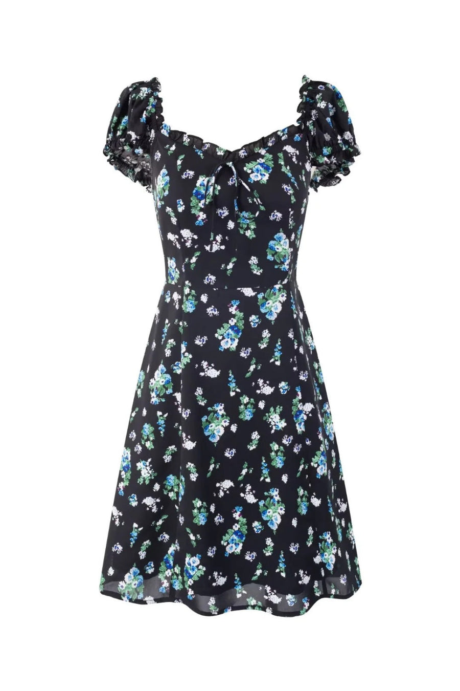 Blue Floral Puff Sleeves Bow Long Dress