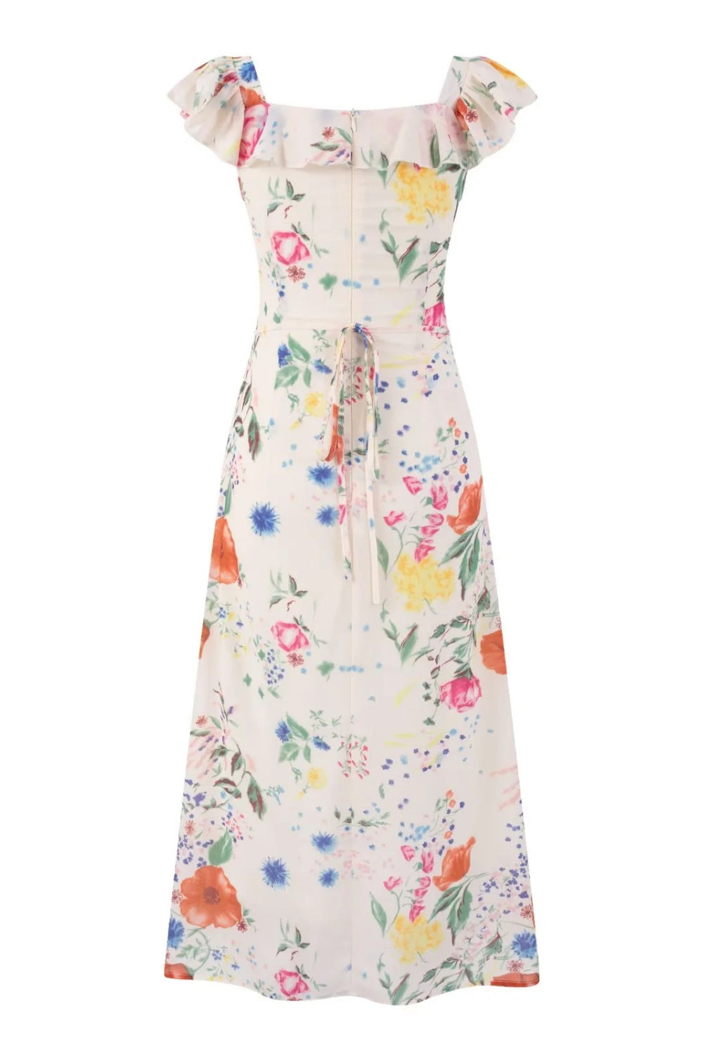 White Floral Round Neck Ruffle Long Dress