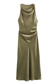 Sage Green Sleeveless Ruched Long Dress