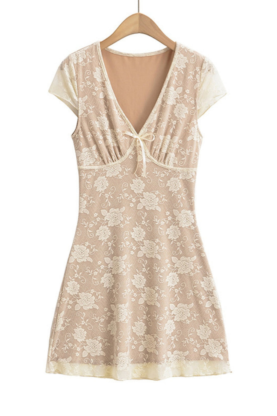 Beige Lace Flower Print Illusion Short Skirt