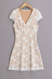 Beige Lace Flower Print Illusion Short Skirt