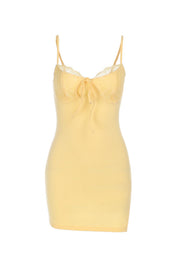 Yellow Spaghetti Strap Fitted Lace Applique Party Dress
