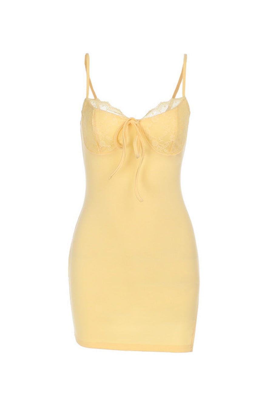 Yellow Spaghetti Strap Fitted Lace Applique Party Dress