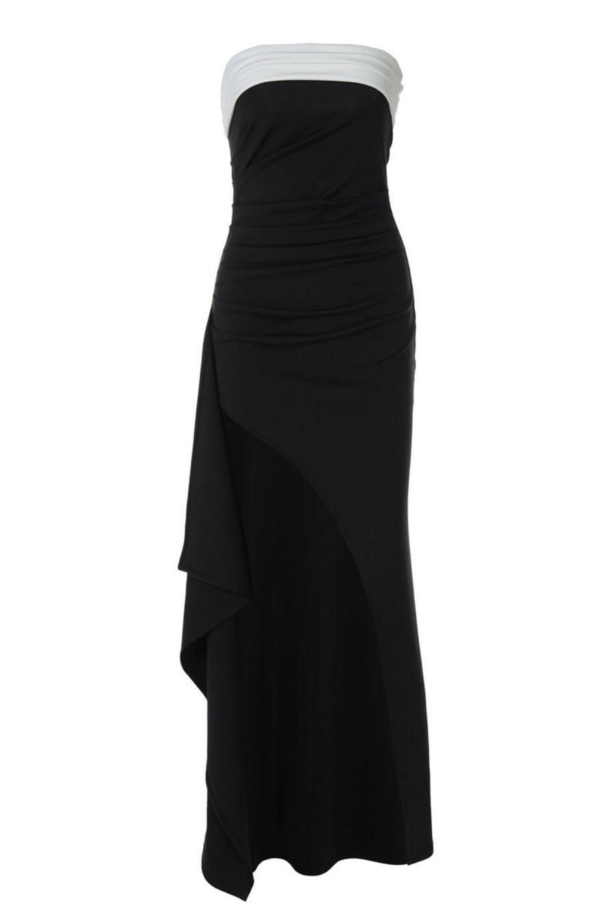 Strapless Black Ruched Frill Long Party Dress