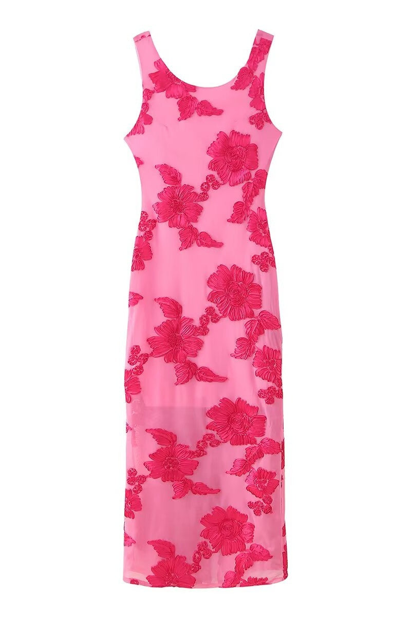 Scoop Hot Pink Floral Jacquard Fitted Long Dress