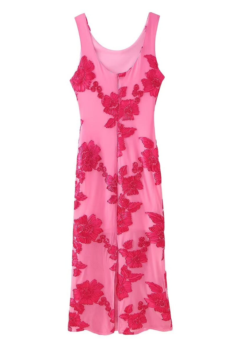 Scoop Hot Pink Floral Jacquard Fitted Long Dress