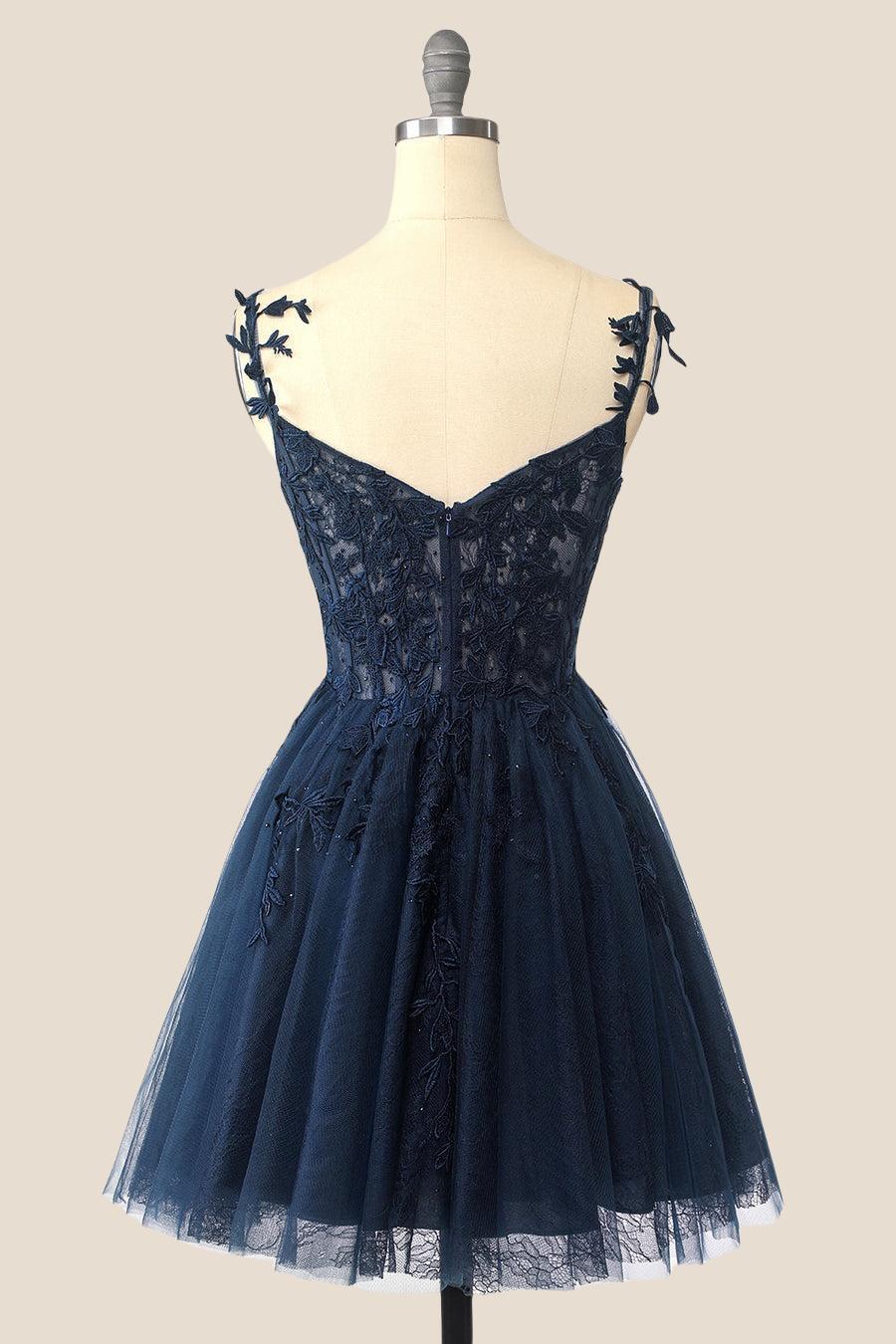 Navy Blue A-line Lace Appliques Short Homecoming Dress