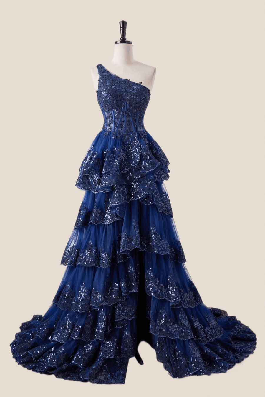 One Shoulder Navy Blue Appliques Ruffle Formal Dress