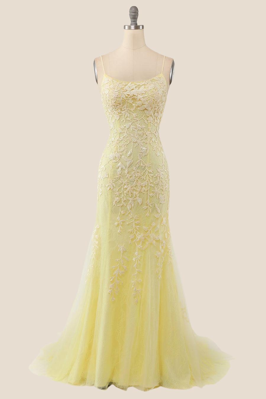 light yellow formal dress Yellow Mermaid Lace Appliques Long Formal Dress – Ohmollydress