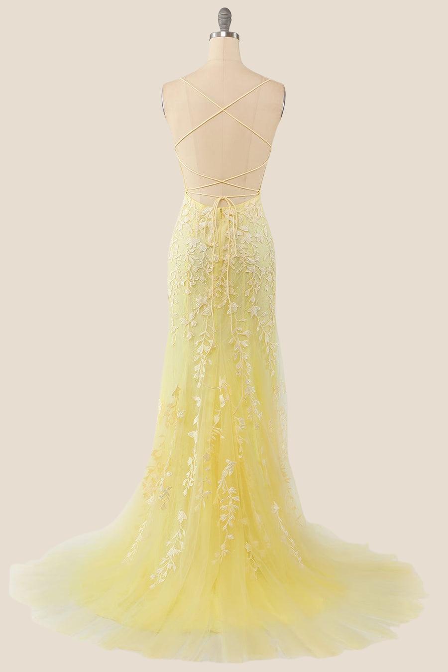 Yellow Mermaid Lace Appliques Long Formal Dress