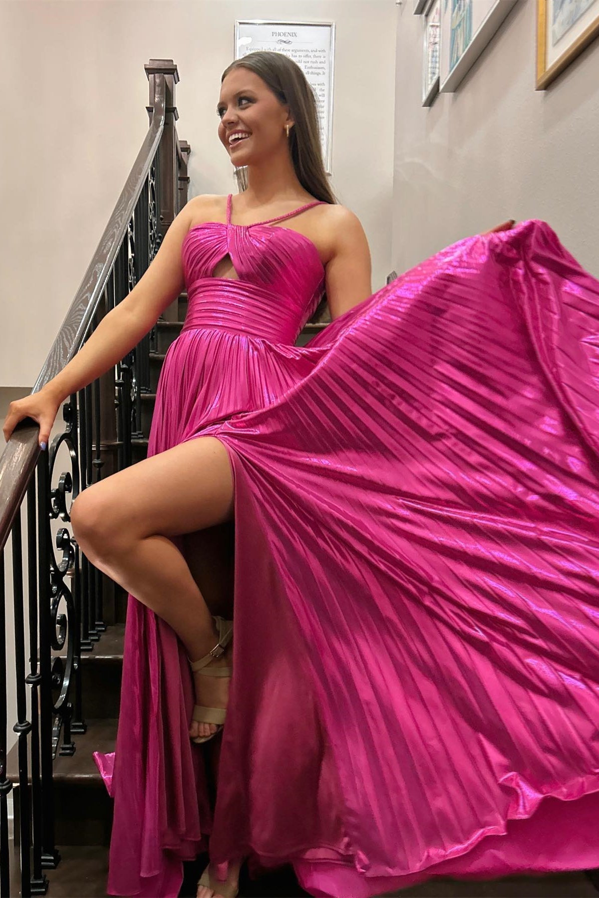 HalterFuchsia Pleated Metallic Long Dress