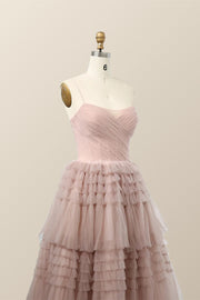 Straps Blush Tulle Tiered Long Formal Dress