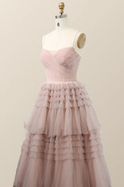 Straps Blush Tulle Tiered Long Formal Dress